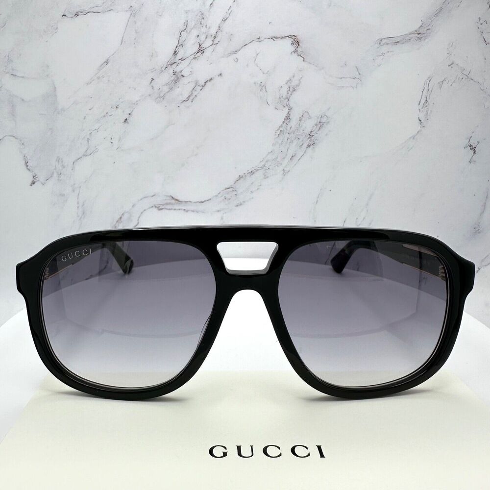 New GUCCI Sunglasses Black Acetate Pilot Aviator 58mm Navigator Gold Metal Logo - Picture 9 of 16